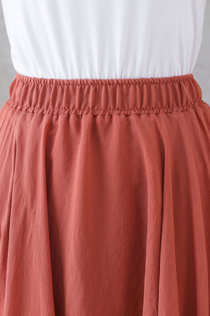 Rust Brown Linen Cotton Long Skirt - Elastic Waist Circle Silhouette 3298