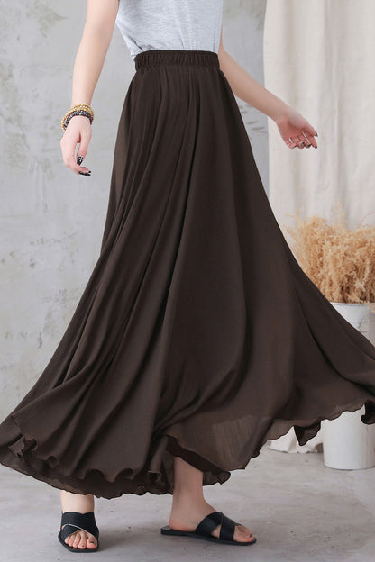 Brown Linen Maxi Skirt - Elastic Waist, Circle Silhouette 3300