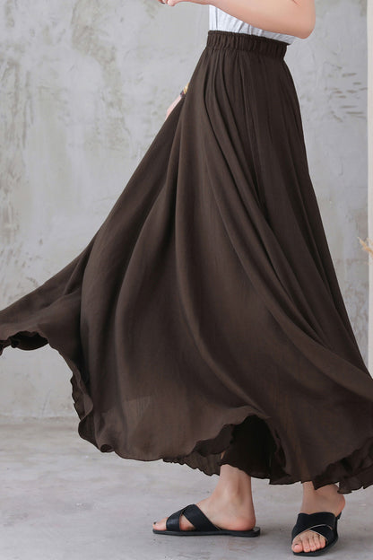 Brown Linen Maxi Skirt - Elastic Waist, Circle Silhouette 3300
