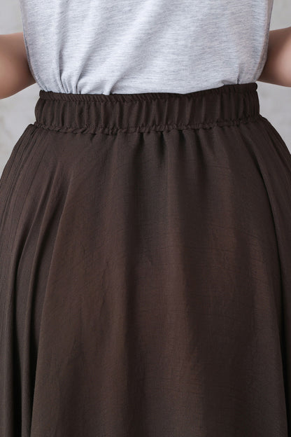 Brown Linen Maxi Skirt - Elastic Waist, Circle Silhouette 3300