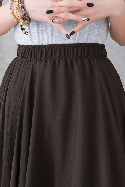 Brown Linen Maxi Skirt - Elastic Waist, Circle Silhouette 3300