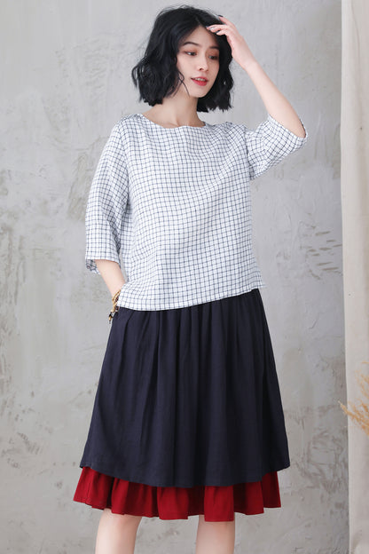 Blue Linen Midi Skirt - Layered Pleated Flowy Design 3306