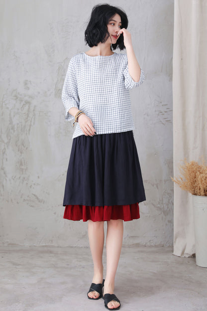 Blue Linen Midi Skirt - Layered Pleated Flowy Design 3306