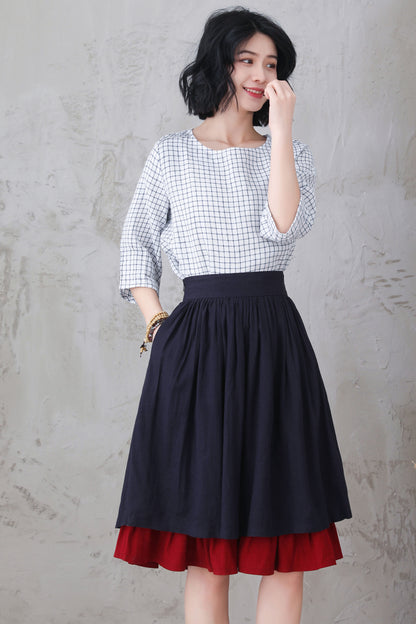Blue Linen Midi Skirt - Layered Pleated Flowy Design 3306