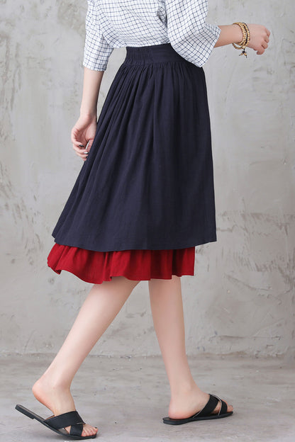 Blue Linen Midi Skirt - Layered Pleated Flowy Design 3306