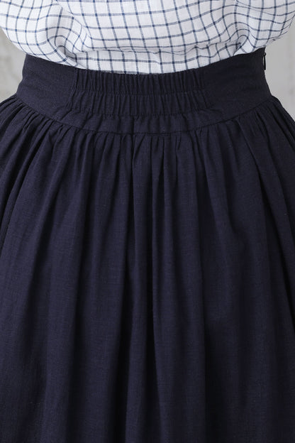 Blue Linen Midi Skirt - Layered Pleated Flowy Design 3306