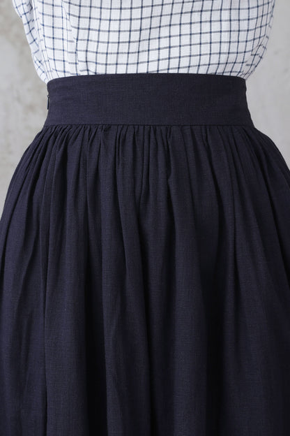 Blue Linen Midi Skirt - Layered Pleated Flowy Design 3306