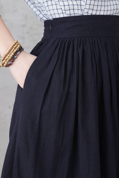 Blue Linen Midi Skirt - Layered Pleated Flowy Design 3306