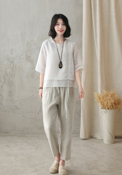 White Linen Shirt Top - Scoop Neckline, Drawstring Detail 2825
