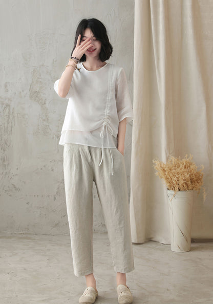 White Linen Shirt Top - Scoop Neckline, Drawstring Detail 2825