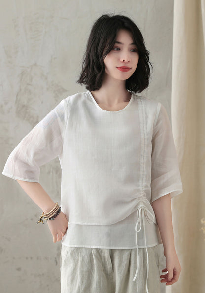 White Linen Shirt Top - Scoop Neckline, Drawstring Detail 2825