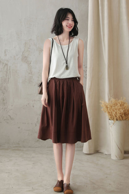 Brown Linen Cotton Circle Skirt - Elastic Waist, Knee Length 2827