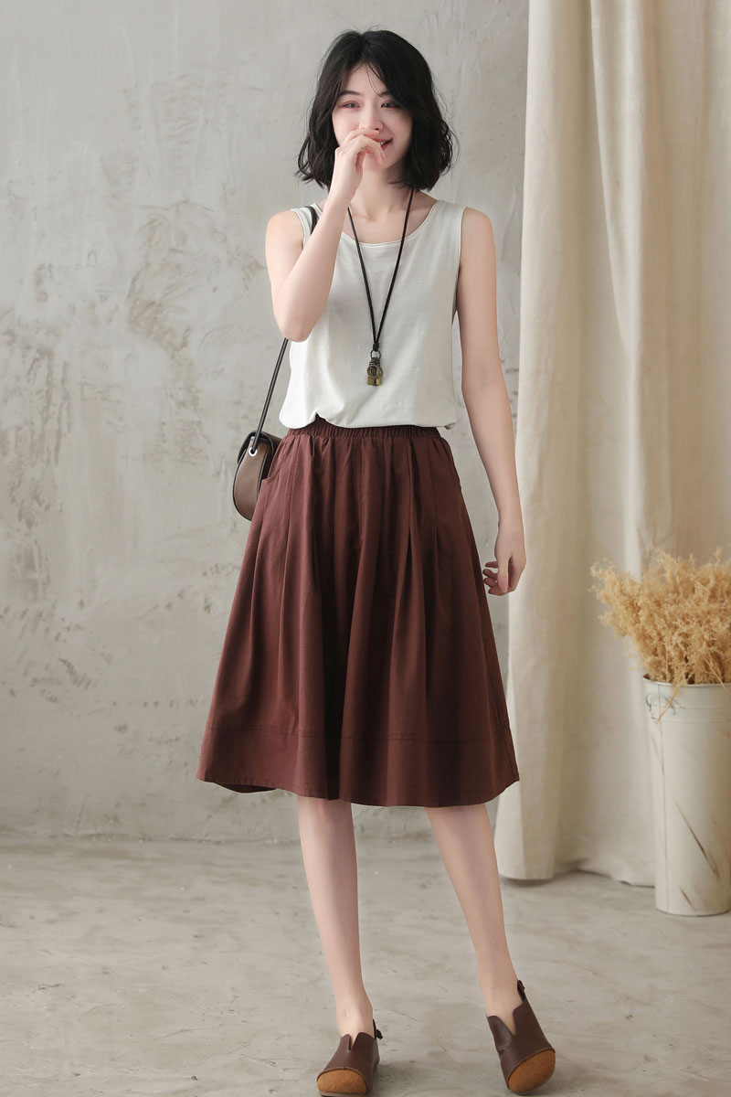 Elastic Waist Circle Linen Skirt In Brown  2827