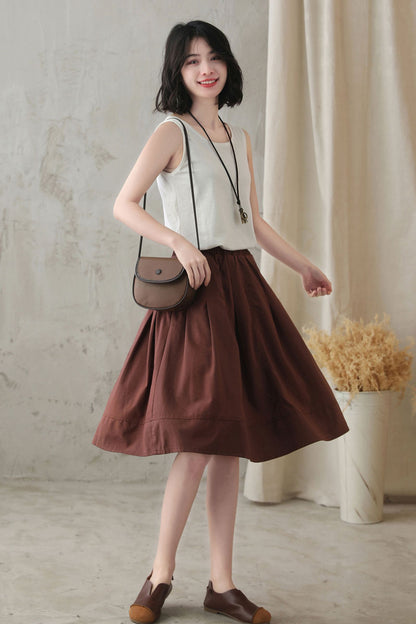 Brown Linen Cotton Circle Skirt - Elastic Waist, Knee Length 2827