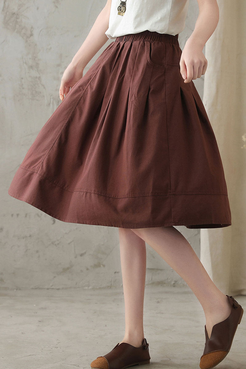 Elastic Waist Circle Linen Skirt In Brown  2827