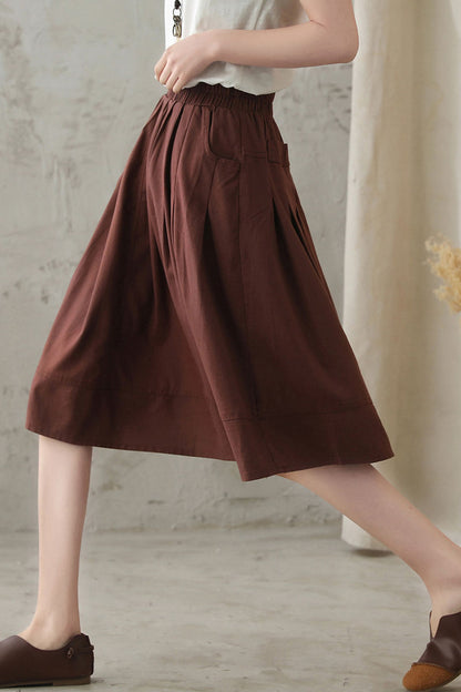 Brown Linen Cotton Circle Skirt - Elastic Waist, Knee Length 2827