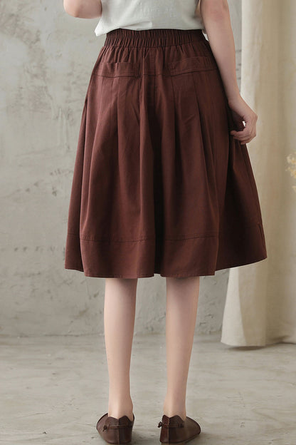 Brown Linen Cotton Circle Skirt - Elastic Waist, Knee Length 2827