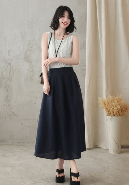 Blue Linen Blend A-Line Midi Skirt - Back Elastic Waist 2828