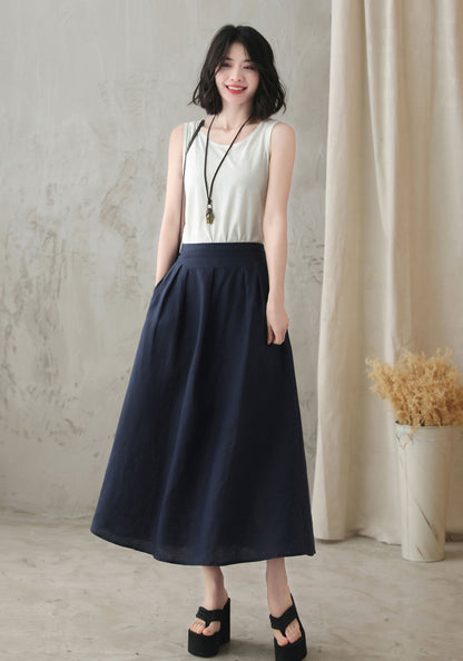 Blue Linen Blend A-Line Midi Skirt - Back Elastic Waist 2828