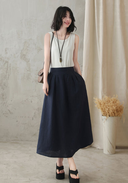Blue Linen Blend A-Line Midi Skirt - Back Elastic Waist 2828