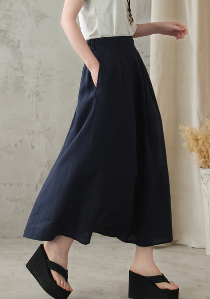 Blue Linen Blend A-Line Midi Skirt - Back Elastic Waist 2828