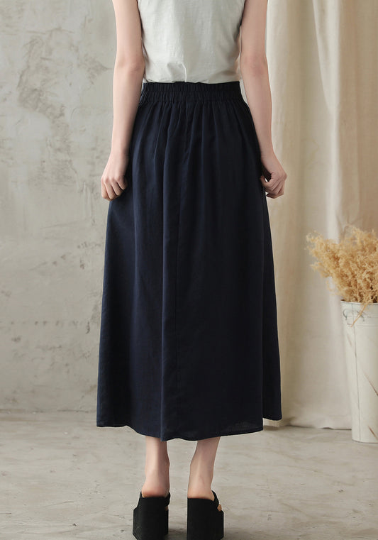 Blue Linen Blend A-Line Midi Skirt - Back Elastic Waist 2828
