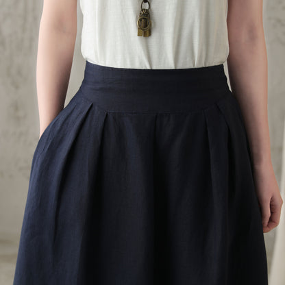 Blue Linen Blend A-Line Midi Skirt - Back Elastic Waist 2828