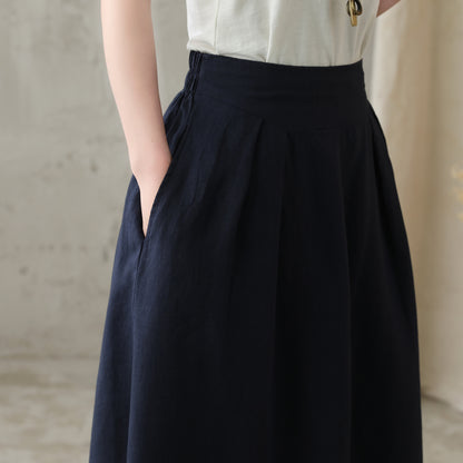 Blue Linen Blend A-Line Midi Skirt - Back Elastic Waist 2828