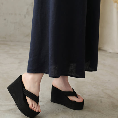 Blue Linen Blend A-Line Midi Skirt - Back Elastic Waist 2828