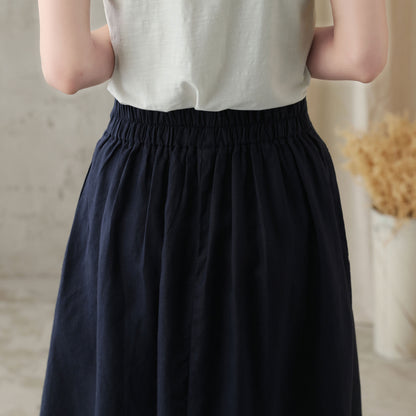 Blue Linen Blend A-Line Midi Skirt - Back Elastic Waist 2828
