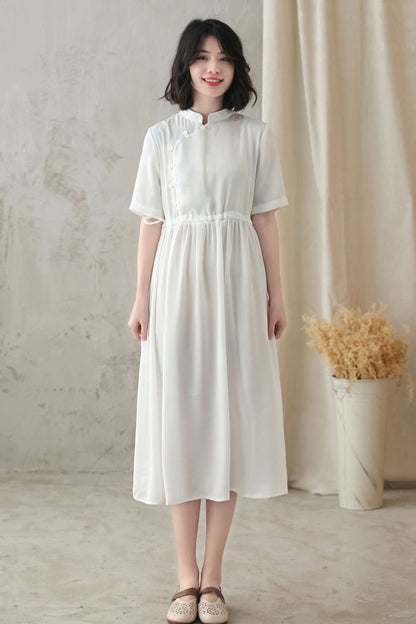 White Polyester Swing Dress - Stand-Up Collar, Loose Fit 2829