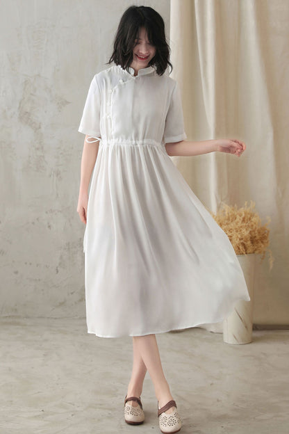 White Polyester Swing Dress - Stand-Up Collar, Loose Fit 2829