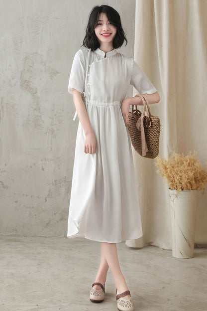 White Polyester Swing Dress - Stand-Up Collar, Loose Fit 2829