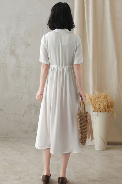 White Polyester Swing Dress - Stand-Up Collar, Loose Fit 2829