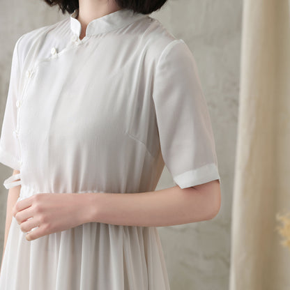 White Polyester Swing Dress - Stand-Up Collar, Loose Fit 2829