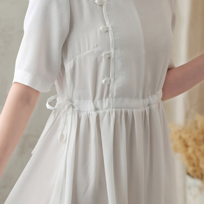 White Polyester Swing Dress - Stand-Up Collar, Loose Fit 2829