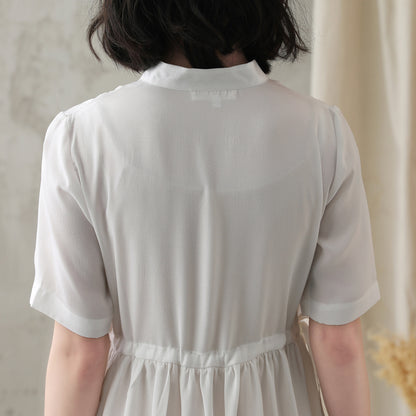 White Polyester Swing Dress - Stand-Up Collar, Loose Fit 2829