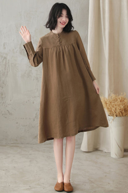 Khaki Linen Cotton A-Line Dress - Mock Neck, Loose Fit 2831