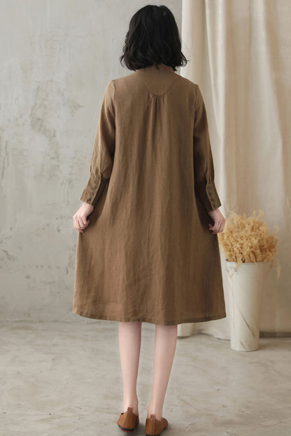 Khaki Linen Cotton A-Line Dress - Mock Neck, Loose Fit 2831