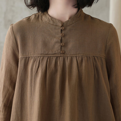 Khaki Linen Cotton A-Line Dress - Mock Neck, Loose Fit 2831