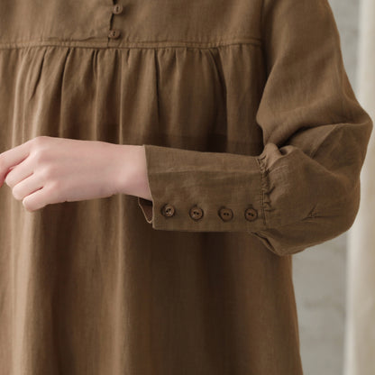 Khaki Linen Cotton A-Line Dress - Mock Neck, Loose Fit 2831