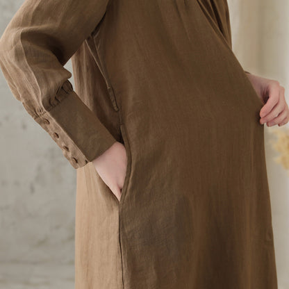 Khaki Linen Cotton A-Line Dress - Mock Neck, Loose Fit 2831