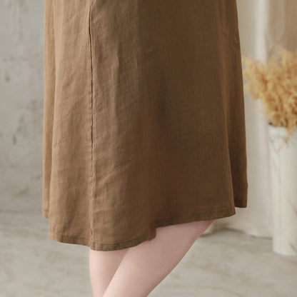 Khaki Linen Cotton A-Line Dress - Mock Neck, Loose Fit 2831