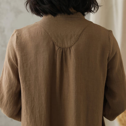 Khaki Linen Cotton A-Line Dress - Mock Neck, Loose Fit 2831