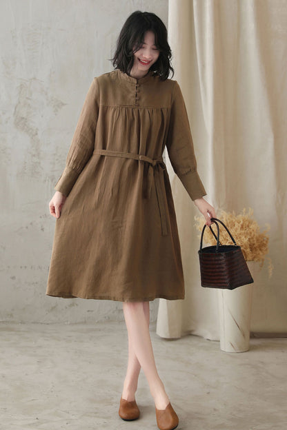 Khaki Linen Cotton A-Line Dress - Mock Neck, Loose Fit 2831