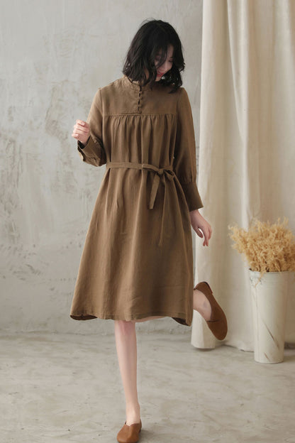 Khaki Linen Cotton A-Line Dress - Mock Neck, Loose Fit 2831