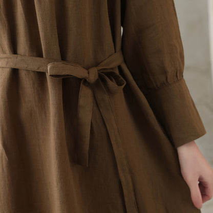 Khaki Linen Cotton A-Line Dress - Mock Neck, Loose Fit 2831