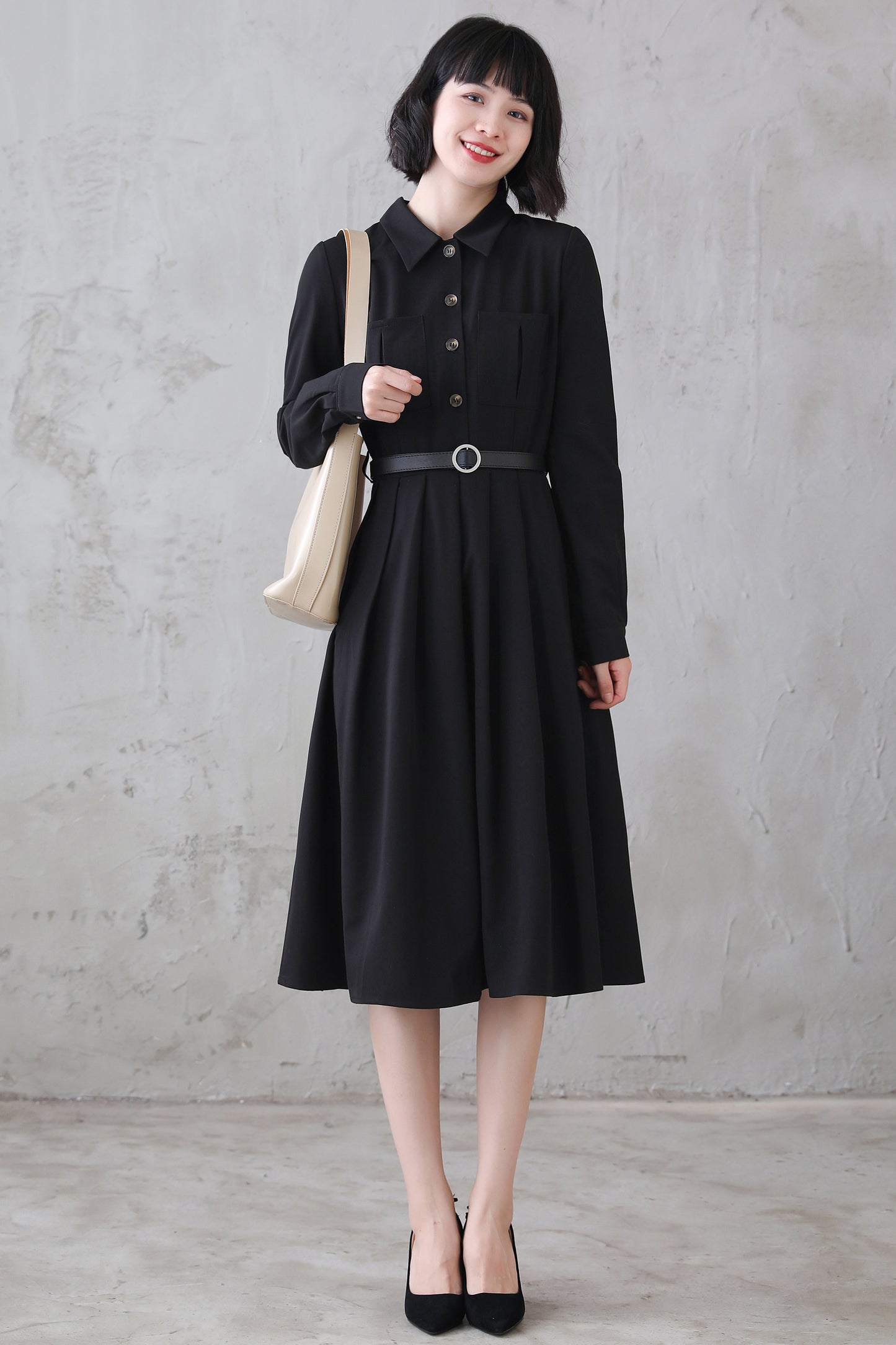 Vintage Inspired Black Shirtwaist Midi Dress 311301