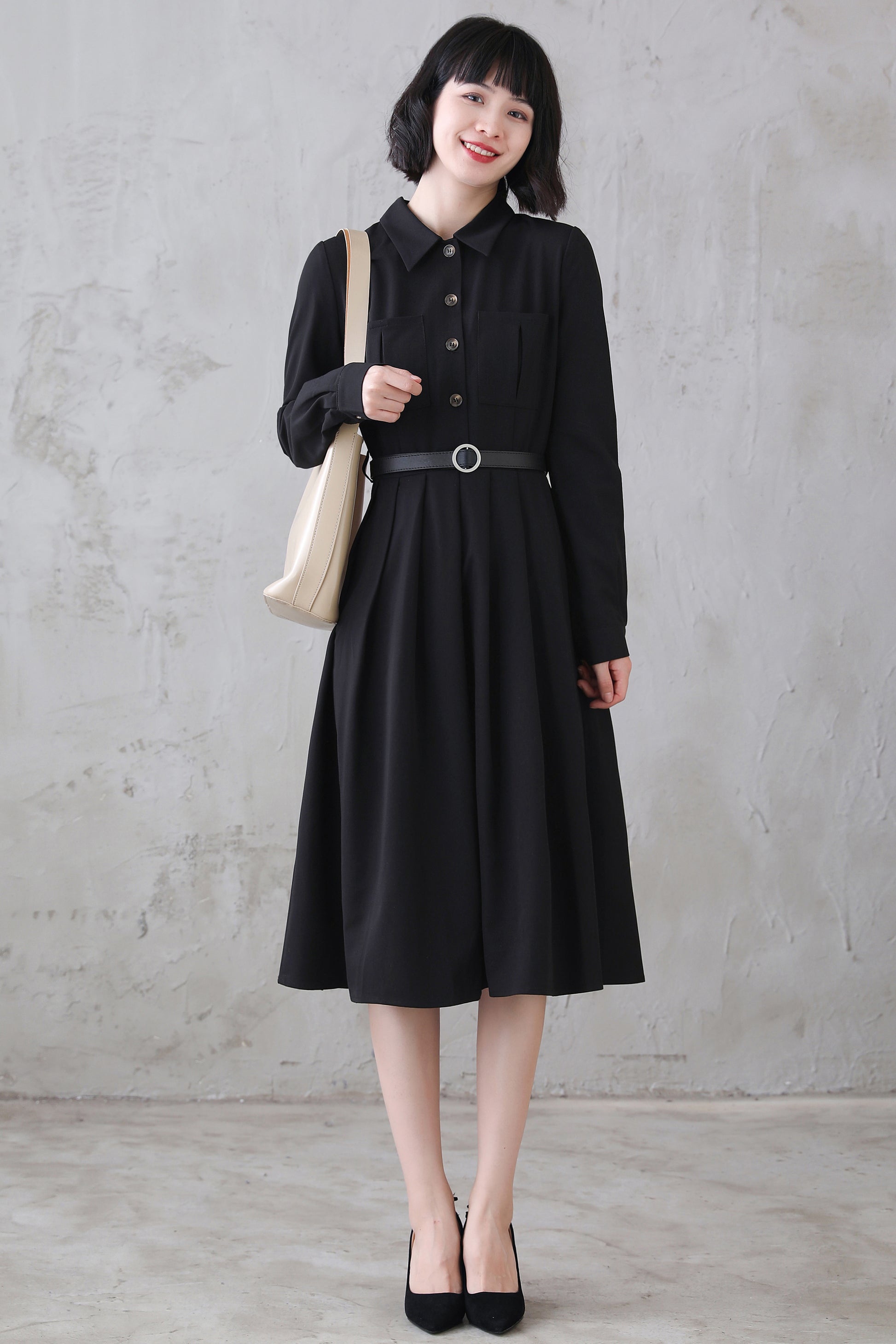 Vintage Inspired Black Shirtwaist Midi Dress 311301 Xiaolizi Vintage Inspired Black Shirtwaist Midi Dress 311301 Xiaolizi
