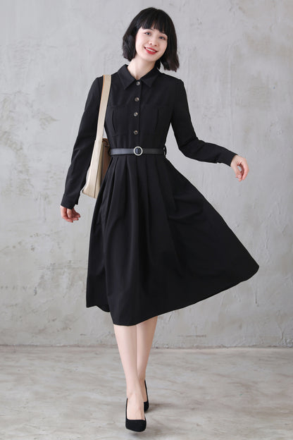 Black Polyester Midi Dress - Vintage-Inspired Pleated Shirtwaist 3113